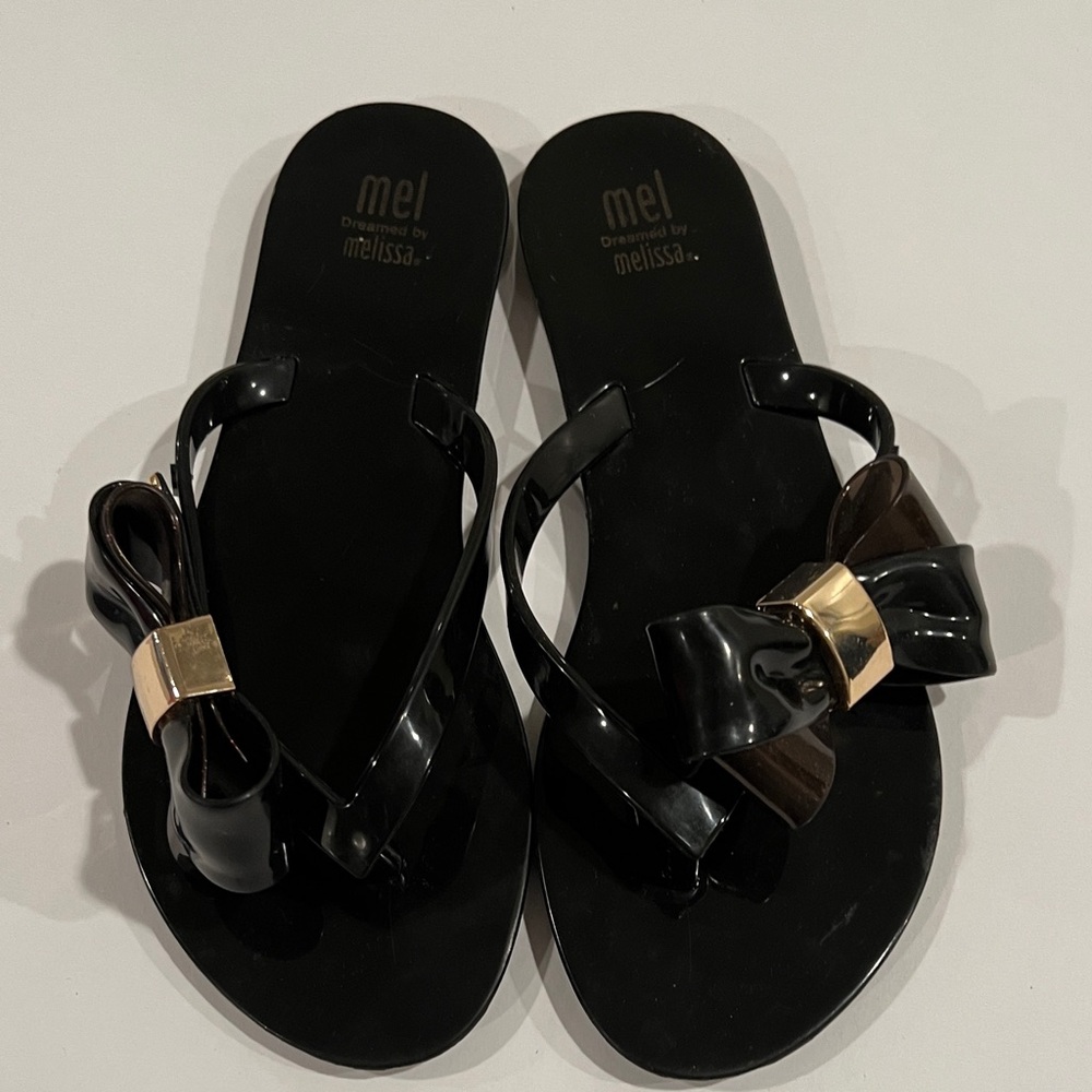 Mini Melissa Black and Gold Bow Sandals